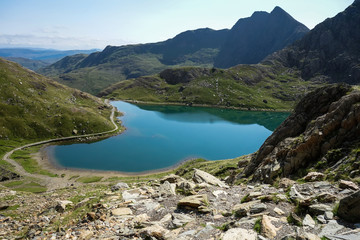 Plakat Track in Snowdonia National Park, North Wales, United Kingdom; view of the mountains and the lakes, selective focus