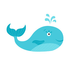 Obraz premium Cute cartoon blue whale on white background.