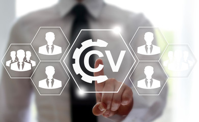 CV - Curriculum Vitae job office interview business web computer online social network concept. Search vacancy resume education e-learning technology