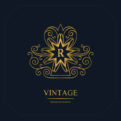 Monogram design elements, graceful template. Calligraphic elegant line art logo design. Letter emblem sign R for Royalty, business card, Boutique, Hotel, Heraldic, Jewelry. Vector illustration