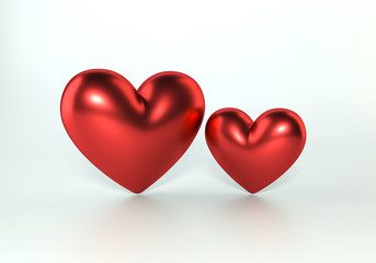 Two Red Hearts against Light Background with Shadows and Reflections