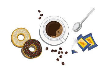 Cup of coffee top view vector illustration. Spoon, donut, coffee beans, one time pack sugar around