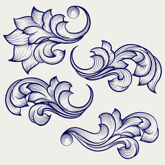 Hand drawn floral baroque engraving elements on grey backdrop. ector illustration