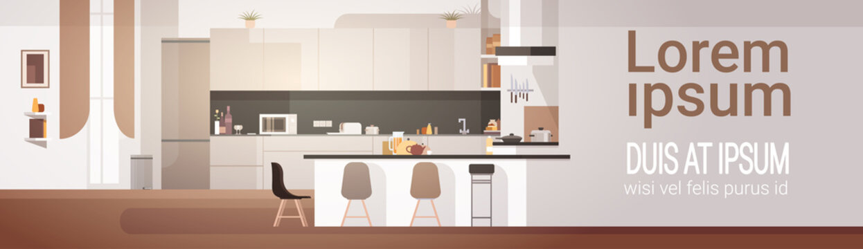 Modern Kitchen Interior Empty No People House Room Flat Vector Illustration