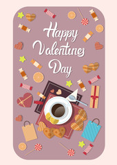 Valentine Day Gift Card Holiday Love Coffe Cup With Sweets Flat Vector Illustration