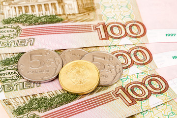 Russian currency: banknotes and coins close up