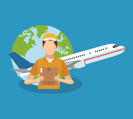 earth planet, delivery boy and airplane icons over blue background. delivery logistics concept. colorful design. vector illustration