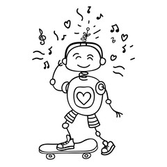 Cute vector character illustration of a robot rolling on a skateboard. Perfect for a childrens cartoon, design childrens shop, childrens clothes. Hand draw the outline of the robot 