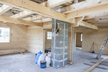 Interior of unfinished wooden house.