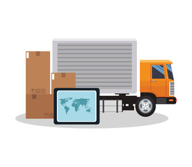 cargo truck with carton boxes over white background. delivery logistics concept. colorful design. vector illustration