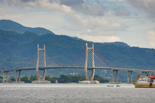 Merah Putih Bridge, Ambon City, Maluku, Indonesia. This bridge, a cable stayed bridge, is the longest bridge in the eastern region of Indonesia and is the landmark of the city.