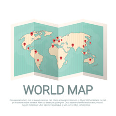 World Map Earth With Pins Travel Concept Vector Illustration