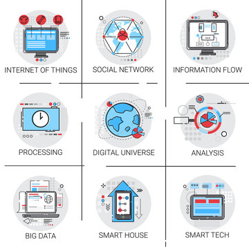 Information Flow Global Data Icon Set Internet Of Things Smart Technology Vector Illustration