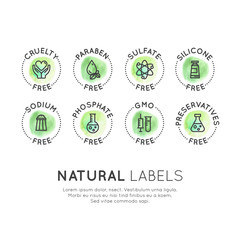 Isolated Vector Watercolor Logo Set Badge Ingredient Warning Label Icons. GMO, SLS, Paraben, Cruelty, Sulfate, Sodium, Phosphate, Silicone, Preservative Free Organic Product Stickers