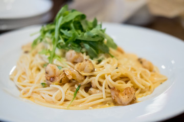 Prawn Spaghetti Served on Plate
