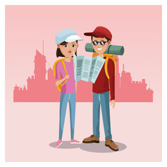young couple tourist map rucksack cap traveler urban background vector illustration eps 10