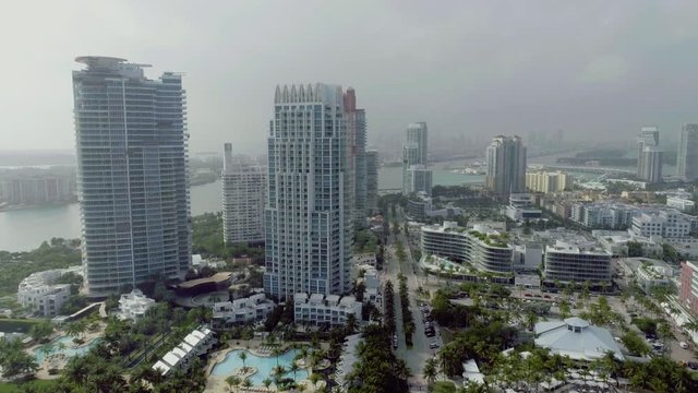 Miami Aerial Tilt Shot From Skyline to Beach Atlantic Ocean Coast