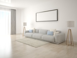 Mock up poster living room with empty frame on a white background.