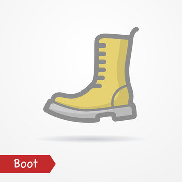 Typical simplistic army boot in yellow desert color. Heavy shoe isolated icon in flat line style with shadow. Military and clothes vector stock image.
