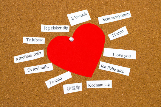 I Love You. Words printed on paper in different languages