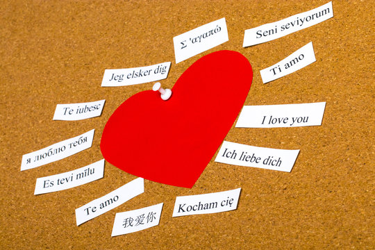 I Love You. Words printed on paper in different languages