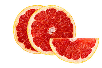 Naklejka na ściany i meble bright juicy round slices of grapefruit isolated on white background