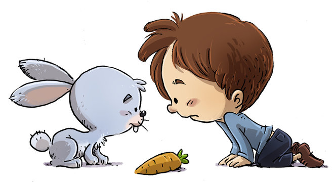 ni&ntilde;o y conejo con zanahoria