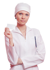 Nurse holding business card