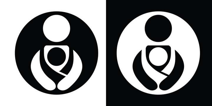 Vector Babywearing Symbols Set With Parent Carrying Baby In A Sling. Black And White Icon Style.