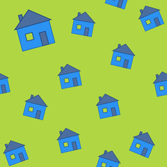 Seamless pattern of little houses with yellow windows on the light green background. Can be used to create paper for wrapping gifts, wallpaper for children's rooms and fabrics, home textiles 