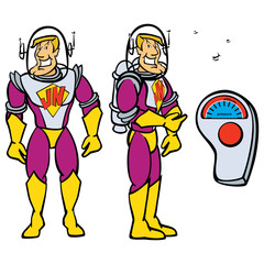 An animated space man with a jet pack.3 extra mouth expressions and a remote control are provided.
