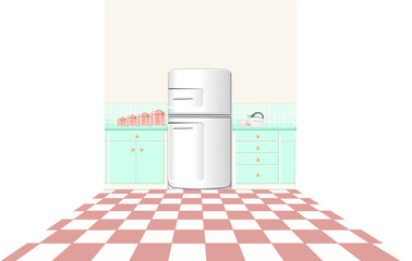 Kitchen fridge, counter, cupboards, storage tins , tea kettle and a checker floor.