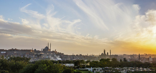 Panorama View for Cairo and Citadel from AlAzhar park at sunset