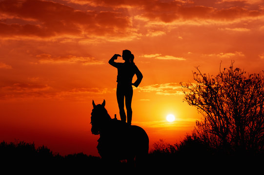 Silhouette of a young girl who is standing on a horse and looks into the distance on the background of the rising sun. Silhouette of man and horse at dawn.