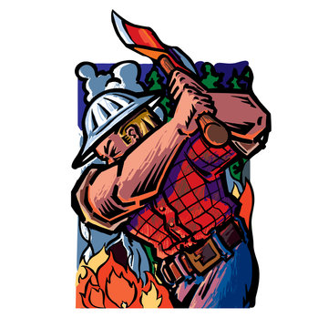 A logger/forest fighter swinging an axe. Behind are flames, clouds or smoke and trees. He wears a hard hat on his head.
