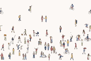 Seamless banner of tiny people, can be tiled horizontally: pedestrians in the street, a diverse collection of small hand drawn men and women walking through the city - 134069477