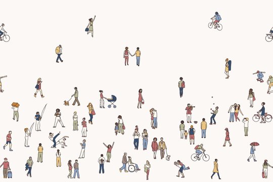 Seamless banner of tiny people, can be tiled horizontally: pedestrians in the street, a diverse collection of small hand drawn men and women walking through the city
