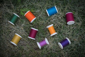 Multicolor bobbins on green grass for sewing background
