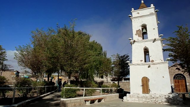 Old Church at Small village.  This one date from 1750 and is the most notable building in Toconao Village in Atacama/Chile. Camera pans to the church.