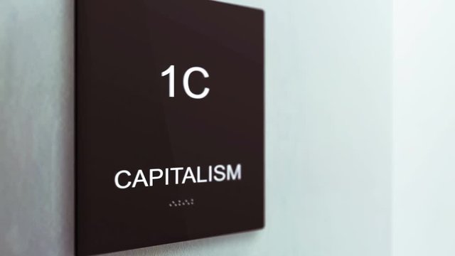 Capitalism Corporate Sign in an ambient modern Office setting
