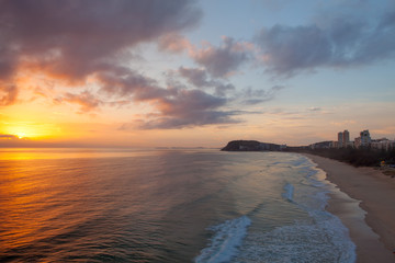 A sunrise looking from North Burleigh towards Burleigh headland on the Gold Coast, Queensland, Australia