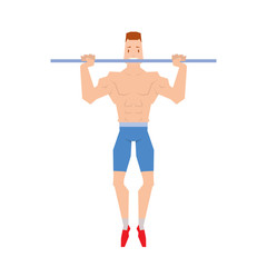 Man doing physical exercises pulling. Hanging on the bar vector.