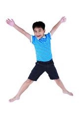 Happy asian boy smiling and jumping, isolated on white background.