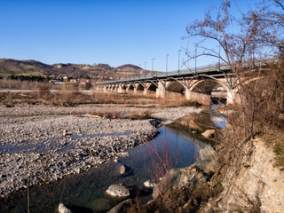 River and bridge view, Fornovo di Taro, Emilia Romagna, Italy.
