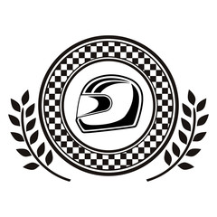 monochrome dish award with chekered border with racing helmet and olive branch vector illustration