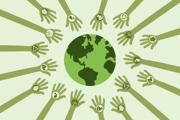 Save environment and green power concept. Many hands with green energy symbol around the world.