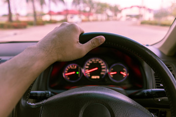 Man driving car. vintage filtered