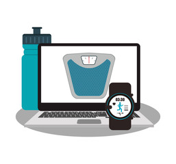 Obraz premium water bottle, sport watch and weight scale over white background. healthy lifestyle concept. colorful design. vector illustration