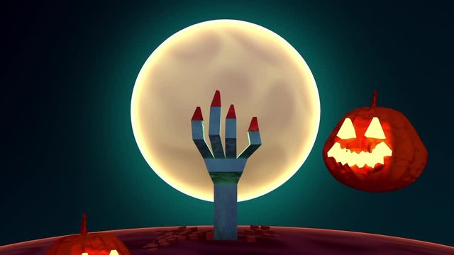 3d Happy Halloween cartoon animation. Jumping pumpkins, big full moon and scary zombie hand pops out from the ground. (Looped)
