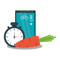 carrot, chronometer and smartphone over white background. healthy lifestyle concept. colorful design. vector illustration